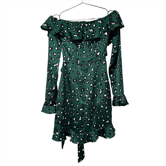 NEVER FULLY DRESSED Georgia Mini Dress - EUC - Small - green leopard -‎ ruffles - Picture 5 of 9